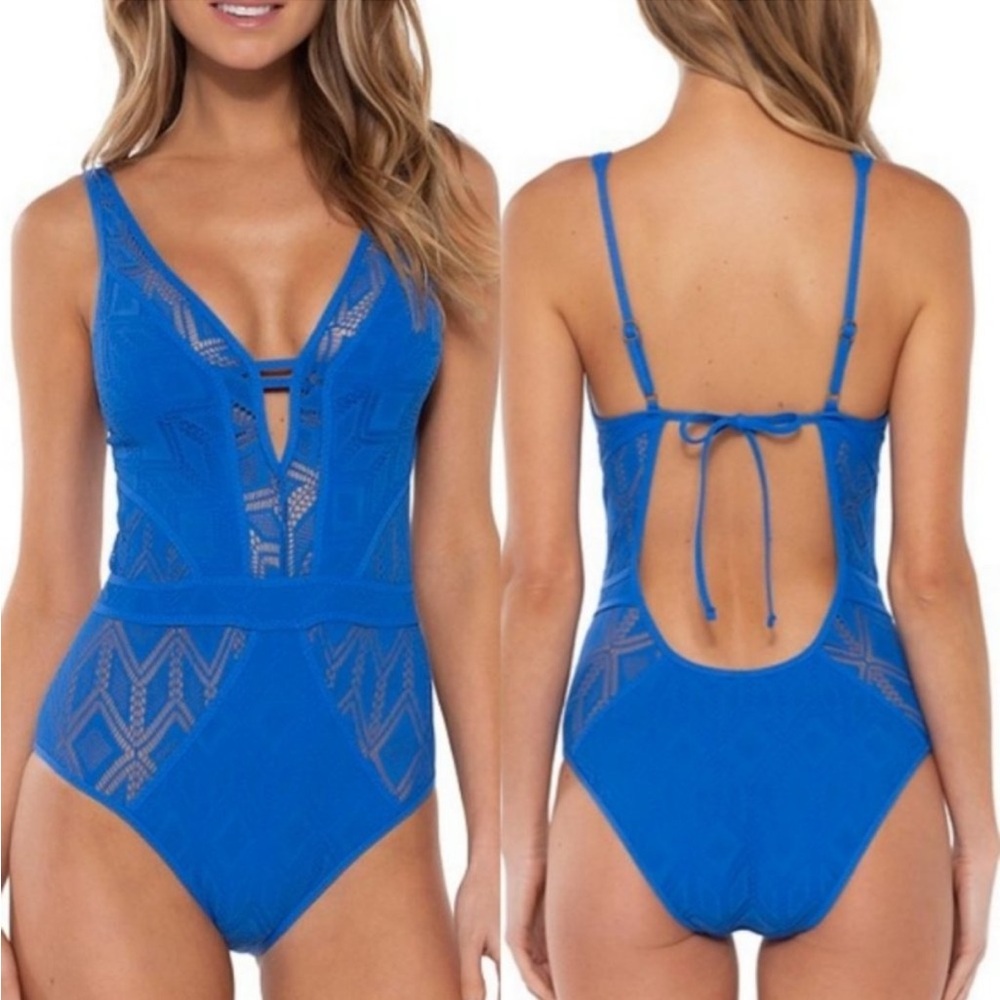 Becca blue plunge neck One-Piece Swimsuit
